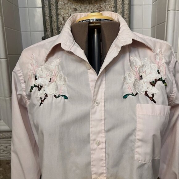Embroidered "Big Shirt" Pink Mississippi Magnolia Long Sleeve Cotton Poly. B128 - Picture 2 of 6